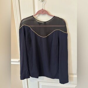 Escada Navy Top with Sheer Black Panel and Gold Trim